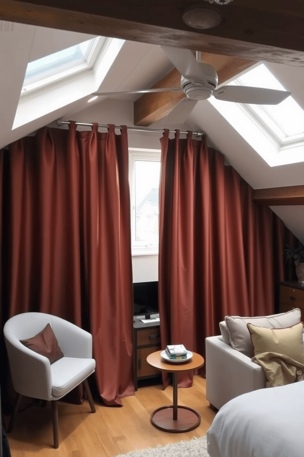 Stylish curtains for added privacy. The curtains are made of a luxurious fabric in a rich color, elegantly draping from a polished rod that complements the room's decor. Attic apartment design ideas. The space features exposed beams and skylights, creating a cozy atmosphere while maximizing natural light, with a blend of modern and rustic furnishings for a unique touch.