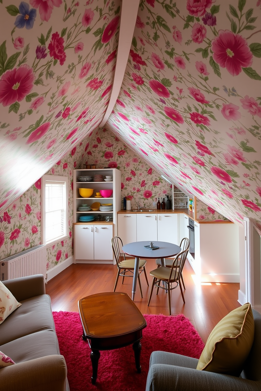 A cozy attic apartment featuring sloped ceilings adorned with vibrant floral wallpaper that adds character and warmth to the space. The living area includes a plush sofa and a vintage coffee table, creating an inviting atmosphere for relaxation and gatherings. In the kitchen corner, there are sleek cabinets with open shelving showcasing colorful dishware. A small dining table with mismatched chairs sits near a window, allowing natural light to flood the room and highlight the unique wallpaper design.