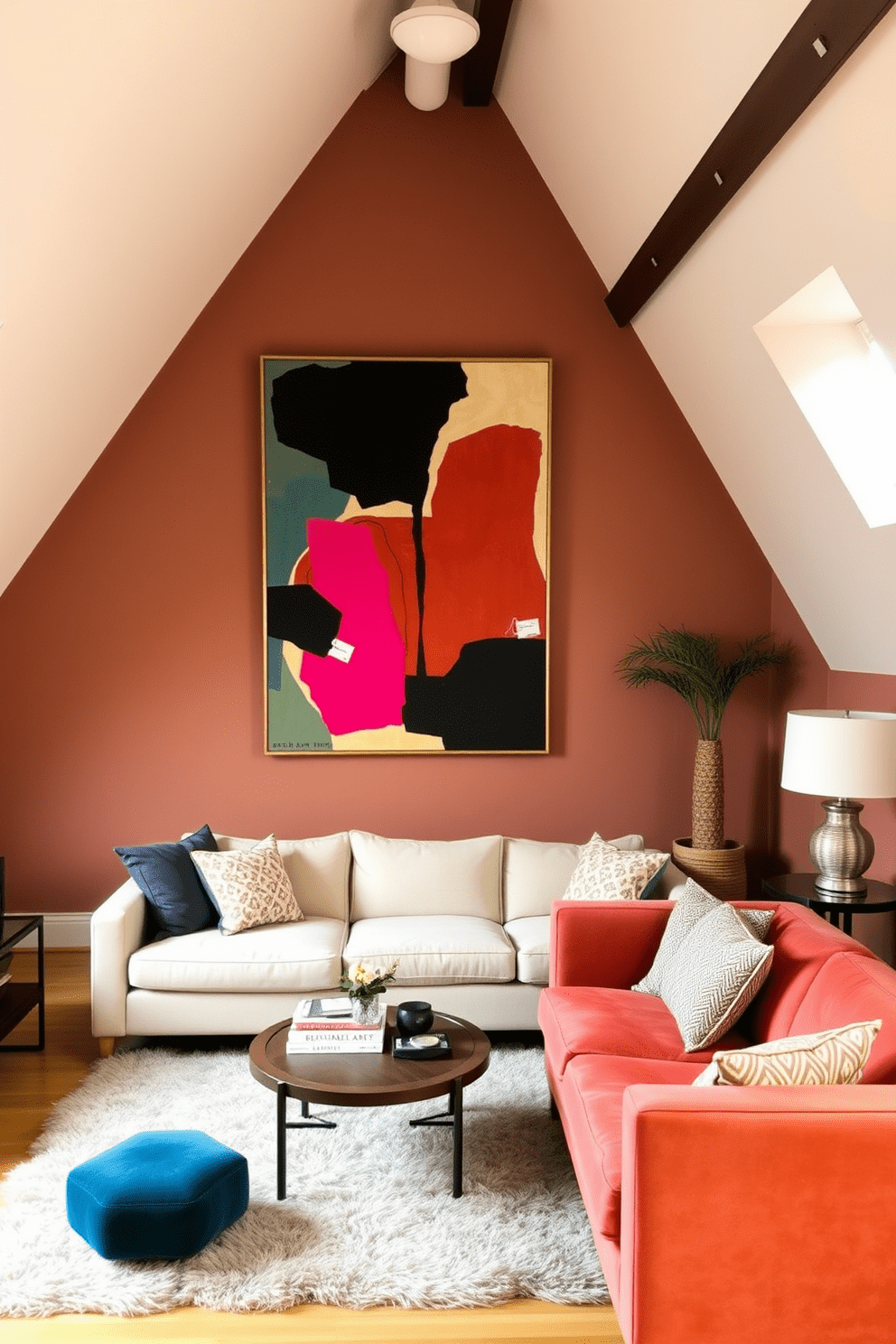 A stylish attic apartment featuring a cozy living area with sloped ceilings. A large piece of bold artwork hangs prominently on the wall, serving as the focal point of the space. The color palette is a mix of warm neutrals and deep jewel tones, creating a welcoming atmosphere. Comfortable furniture is arranged to encourage conversation, with a plush area rug anchoring the seating area.