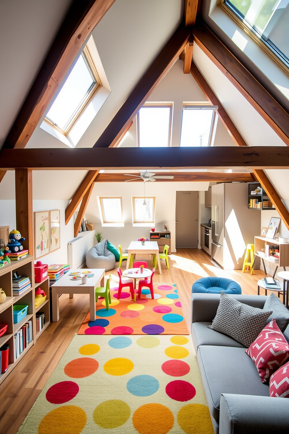 A playful kids corner features a bright and colorful rug in the center, surrounded by low shelving filled with toys and books. A small table with child-sized chairs is set up for arts and crafts, while a cozy reading nook with bean bags is tucked into a corner. The attic apartment design showcases exposed wooden beams and large skylights that flood the space with natural light. A modern kitchenette with sleek cabinetry complements the open living area, which includes a comfortable sofa and a small dining table for two.