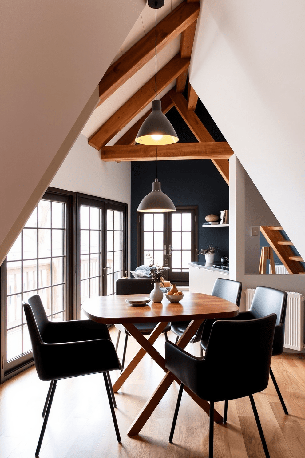 A compact dining area features a stylish foldable table that can easily be extended for guests. Surrounding the table are modern chairs with sleek lines, and a pendant light hangs above, illuminating the space with a warm glow. The attic apartment design showcases sloped ceilings with exposed wooden beams, creating a cozy atmosphere. Large windows allow natural light to flood the room, highlighting a blend of contemporary and rustic decor elements.