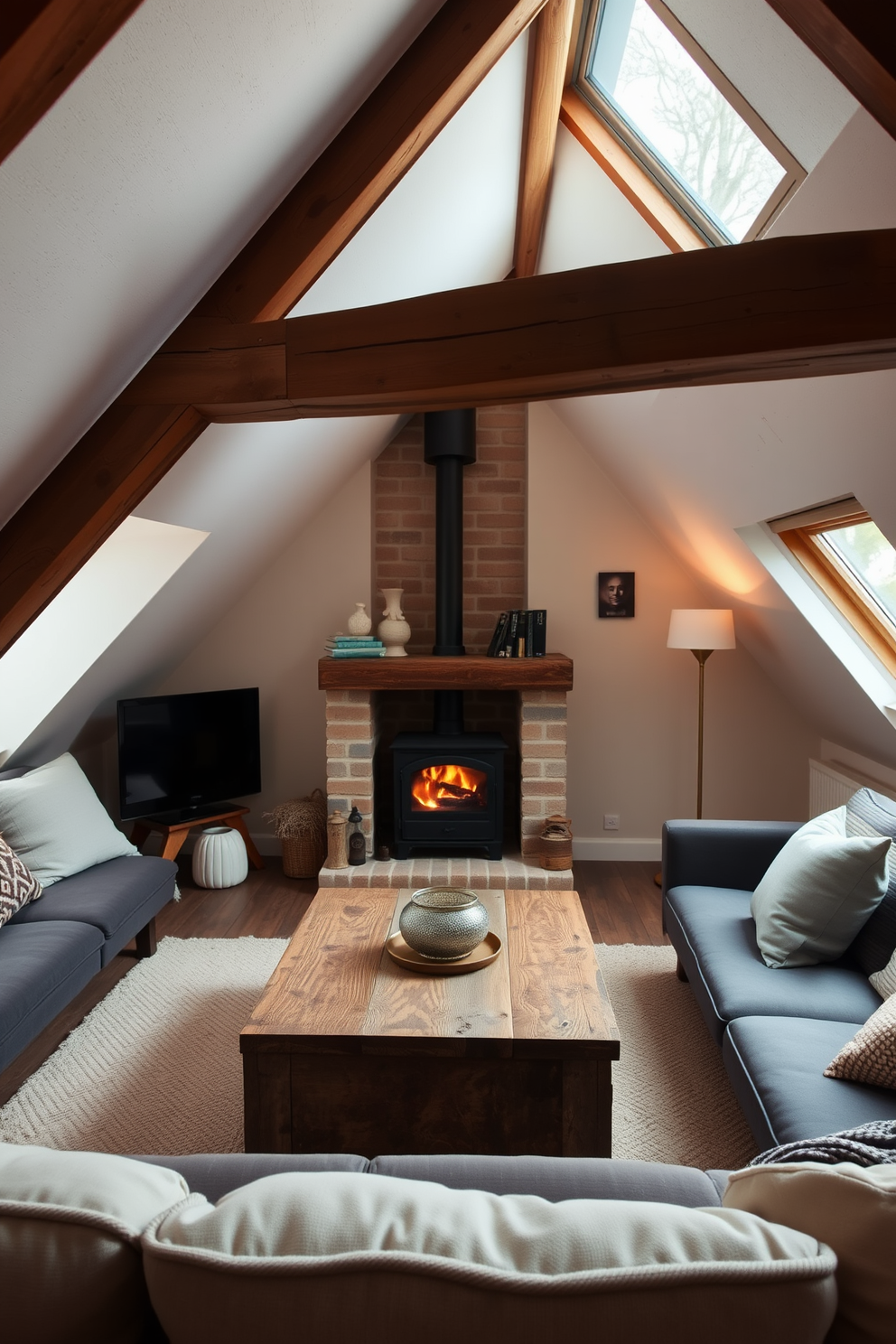 A cozy attic apartment featuring a small fireplace that adds warmth and ambiance to the space. The room is designed with sloped ceilings, exposed wooden beams, and large windows that flood the area with natural light. The living area includes a comfortable seating arrangement with plush cushions and a coffee table made of reclaimed wood. Soft, neutral tones dominate the decor, complemented by a few vibrant accent pieces that bring the space to life.