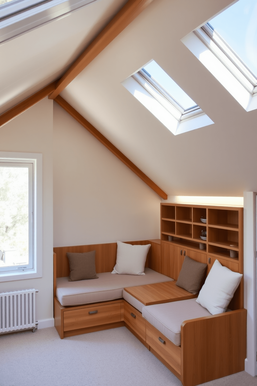 A cozy attic apartment featuring built-in seating that maximizes space. The seating area is designed with plush cushions and is positioned under a sloped ceiling, creating an inviting nook for relaxation. Natural light floods the room through skylights, illuminating the warm wood tones of the built-in furniture. The walls are adorned with soft, neutral colors, enhancing the sense of openness and comfort in the space.