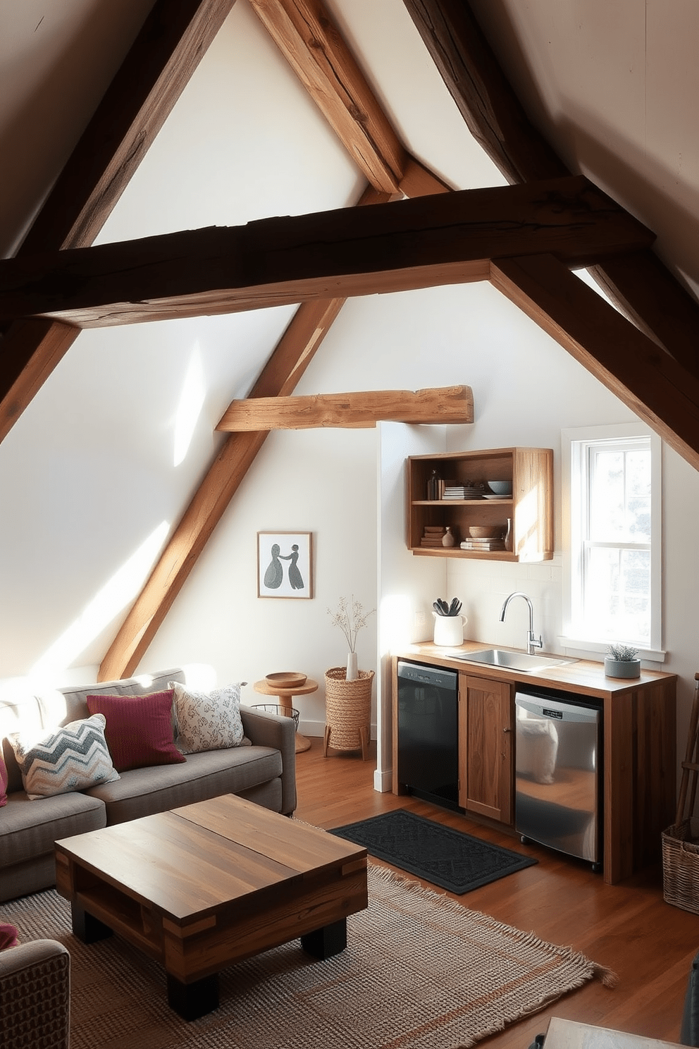 A cozy attic apartment featuring exposed beams and reclaimed wood accents. The space is filled with natural light, highlighting the warm tones of the wood and creating an inviting atmosphere. The living area includes a comfortable sofa with earthy textiles, complemented by a reclaimed wood coffee table. A small kitchenette showcases open shelving made from reclaimed wood, providing both functionality and aesthetic appeal.