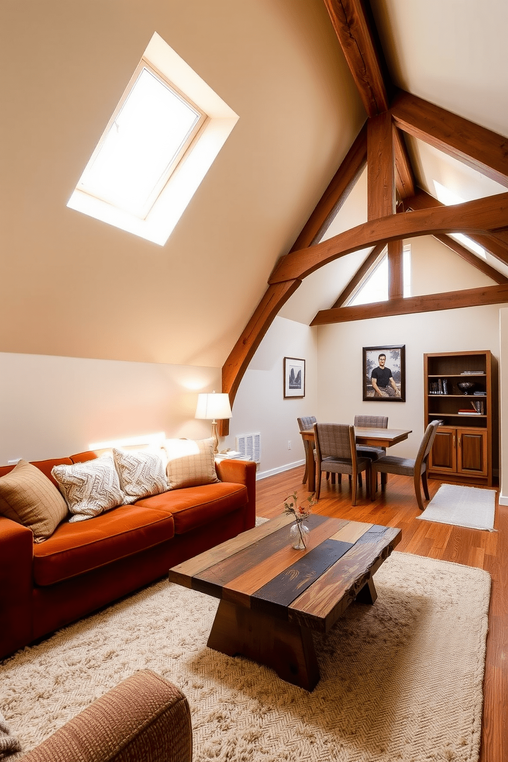 A cozy attic apartment featuring warm color tones to create an inviting atmosphere. The walls are painted in soft beige, complemented by rich wooden beams that add character and warmth to the space. The living area includes a plush sofa in a deep rust color, paired with a rustic coffee table made from reclaimed wood. Natural light floods the room through skylights, enhancing the inviting ambiance and highlighting the textured throw pillows and soft area rug.