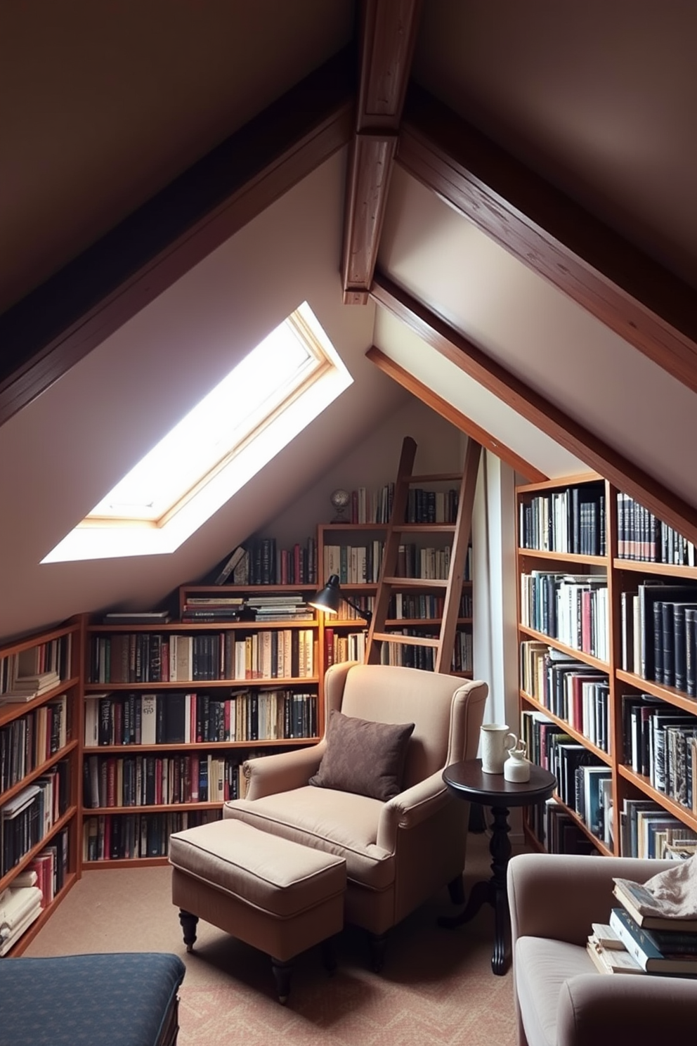 A cozy attic apartment designed as a small home library features sloped ceilings with exposed wooden beams. Shelves lined with books create a warm atmosphere, while a comfortable reading nook with a plush armchair is positioned under a skylight. The walls are painted in a soft, neutral tone, enhancing the natural light that floods the space. A vintage wooden ladder leans against the shelves, and a small side table holds a steaming cup of tea, inviting relaxation and inspiration.