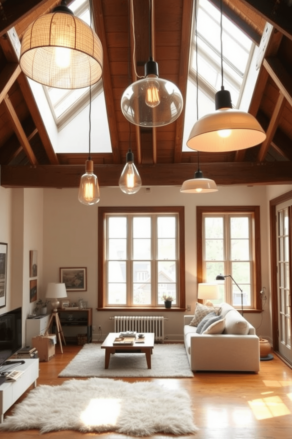 A cozy attic apartment with unique light fixtures as a statement piece. The space features exposed wooden beams and large windows that flood the room with natural light, highlighting the eclectic decor. The light fixtures are a mix of modern and vintage styles, suspended at varying heights to create visual interest. Soft, neutral tones dominate the walls and furnishings, while a plush area rug adds warmth to the hardwood floor.