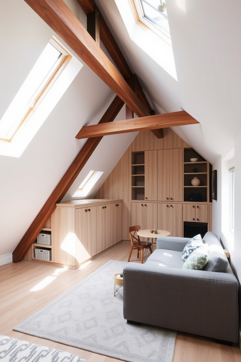 A cozy attic apartment featuring sloped ceilings and natural light streaming through skylights. Built-in storage solutions are seamlessly integrated into the walls, providing functional space without compromising the aesthetic. The living area includes a comfortable sofa positioned beneath a wooden beam, complemented by a stylish coffee table. A small dining nook with a round table and chairs sits near the window, maximizing the use of space while maintaining a warm ambiance.