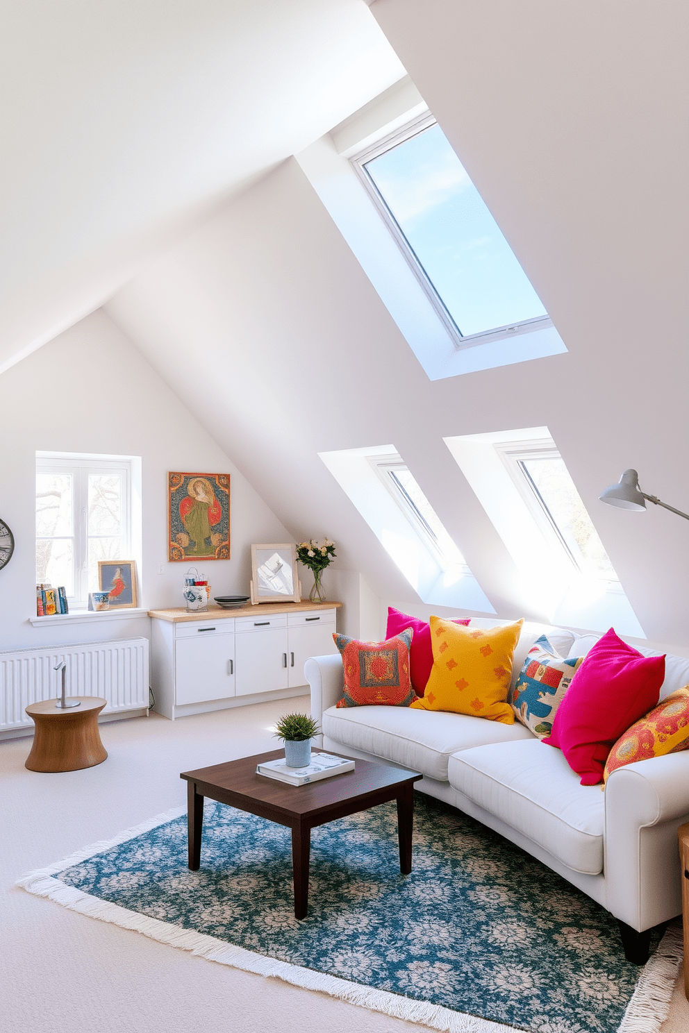 Bright white walls create a fresh and airy atmosphere in the attic apartment. Colorful accents in the form of vibrant cushions and artwork add a playful touch to the space. A cozy seating area features a plush sofa adorned with multi-colored throw pillows. Large windows allow natural light to flood the room, highlighting the unique architectural features of the attic.