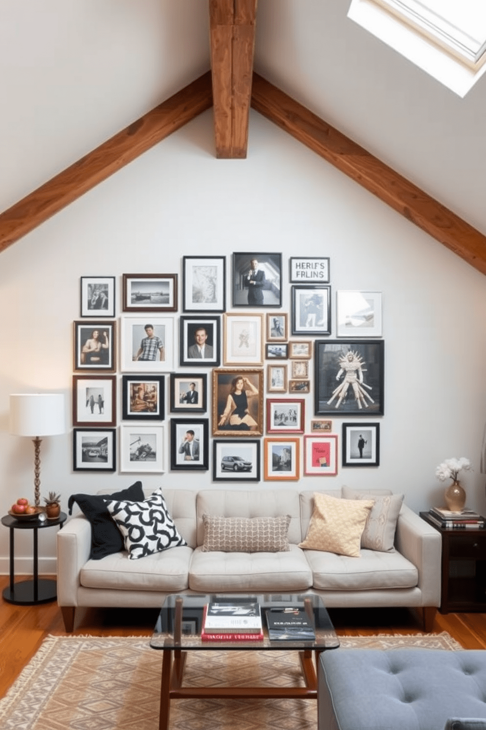 A personalized gallery wall featuring an eclectic mix of framed artwork and photographs in various sizes creates a unique focal point in the room. The arrangement is thoughtfully curated to reflect the homeowner's personality, with a combination of bold colors and monochromatic pieces. Attic apartment design ideas emphasize maximizing space while maintaining a cozy atmosphere. Exposed beams and skylights enhance natural light, while carefully chosen furniture pieces create a functional yet stylish living area.