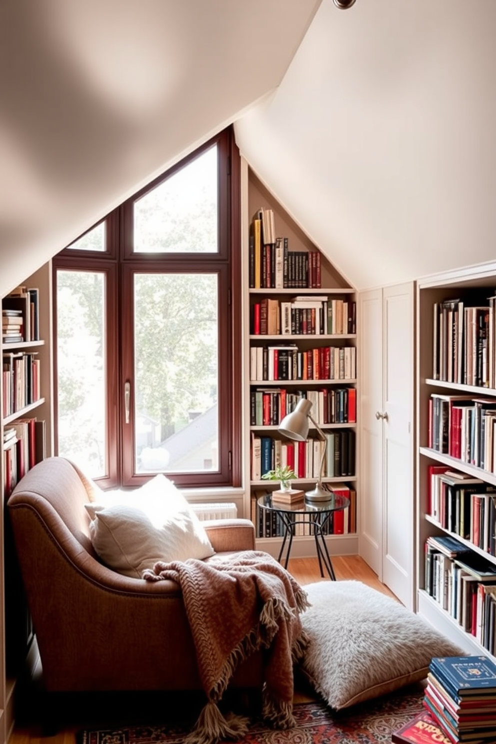 Create a cozy reading nook with plush cushions in an attic apartment. The nook features a large window with soft natural light pouring in, surrounded by built-in bookshelves filled with an array of books. Incorporate a comfortable armchair with a warm throw blanket draped over it. Add a small side table for a cup of tea and a stylish lamp to create an inviting atmosphere.