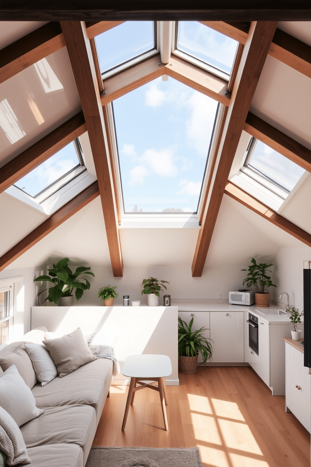 A cozy attic apartment featuring large skylights that flood the space with natural light while providing excellent ventilation. The design includes a comfortable seating area with plush cushions, a small dining table, and a compact kitchen that blends seamlessly into the open layout. The walls are painted in soft pastel colors, creating a warm and inviting atmosphere. Exposed wooden beams add character, while strategically placed plants enhance the connection to nature.