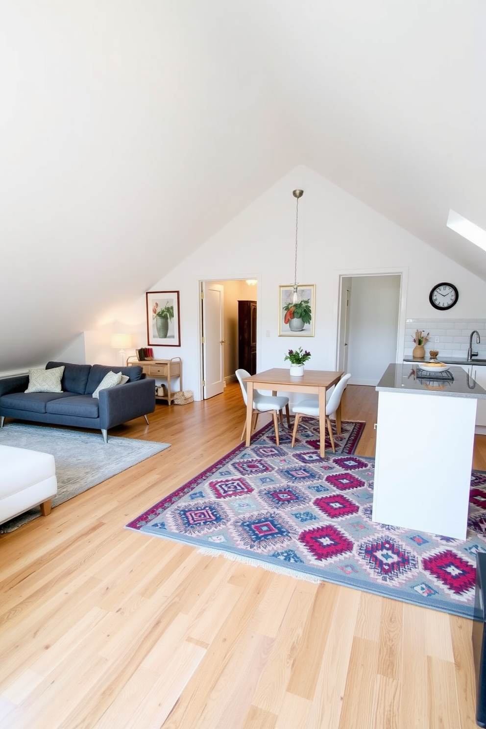 A cozy attic apartment featuring an open layout with distinct areas defined by stylish area rugs. The living space showcases a plush area rug under a modern sofa, while a vibrant patterned rug delineates the dining area adjacent to the kitchen.