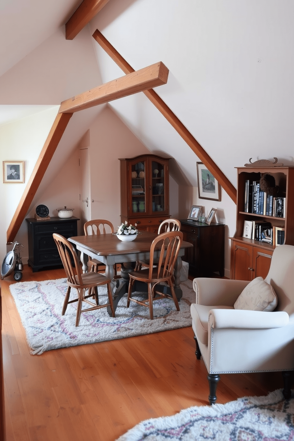 A cozy attic apartment features vintage furniture that creates a charming atmosphere. The space is adorned with a distressed wooden dining table surrounded by mismatched chairs, complemented by a plush area rug. The walls are painted in soft pastel colors, enhancing the warmth of the natural wood beams. A vintage armchair sits in the corner, next to a small bookshelf filled with classic novels and decorative items.