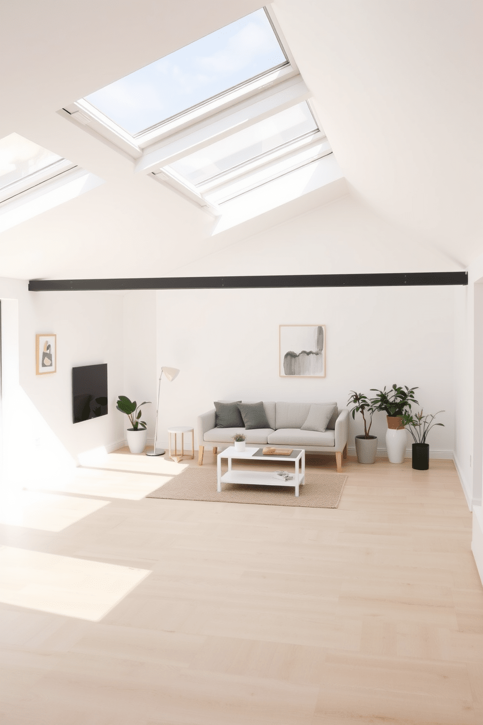 A bright attic apartment with minimalist decor emphasizing a clean aesthetic. The space features large skylights that flood the room with natural light, highlighting the white walls and light wooden floors. A simple, open layout includes a cozy seating area with a low-profile sofa and a sleek coffee table. The decor is kept to a minimum, with a few carefully chosen plants and abstract art pieces adorning the walls.