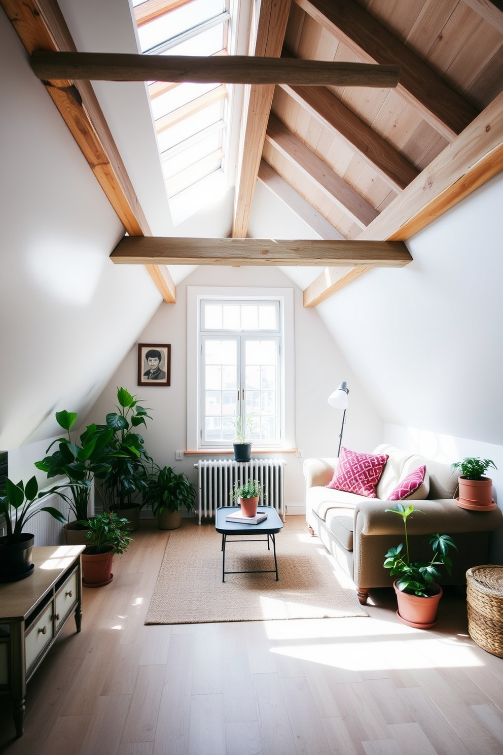 A cozy attic apartment filled with natural light. The space features exposed wooden beams and a soft, neutral color palette that enhances the airy feel. A comfortable seating area is arranged with a plush sofa and a vintage coffee table. Potted plants are strategically placed to add a touch of greenery and life to the space.