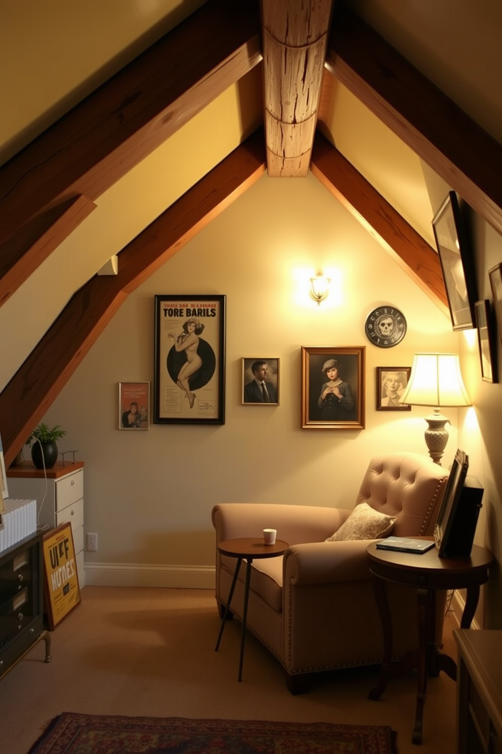 A cozy attic apartment featuring vintage decor that exudes charm. The space is adorned with exposed wooden beams and soft, warm lighting that creates an inviting atmosphere. A plush, tufted armchair sits in the corner, complemented by a small, round wooden side table. Framed vintage posters and eclectic artwork line the walls, enhancing the character of the room.