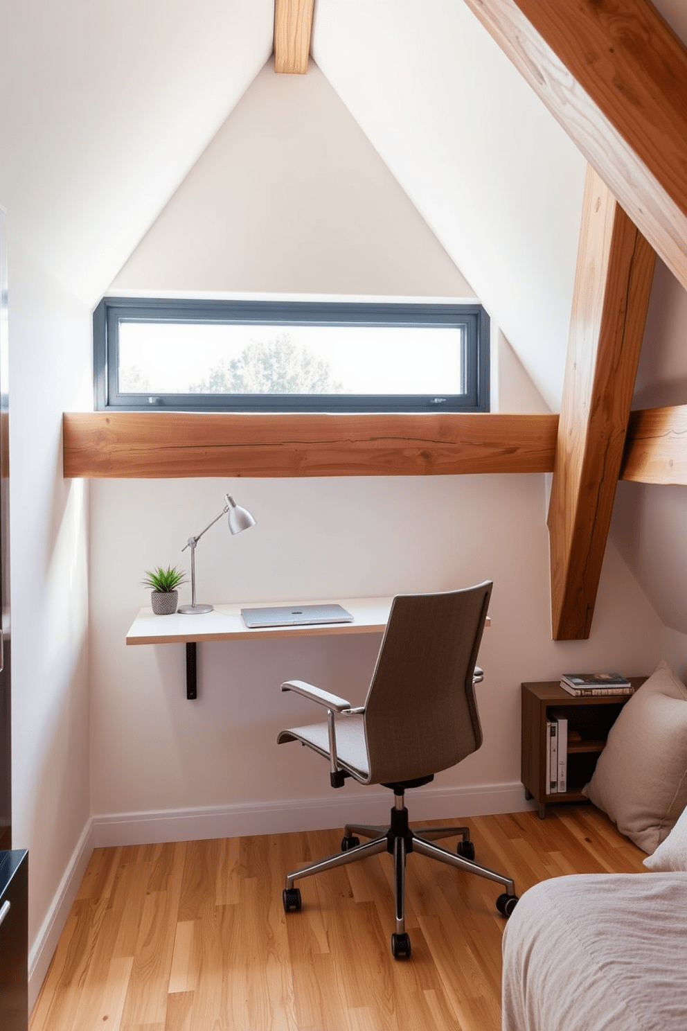 A sleek wall-mounted desk is positioned beneath a large window, maximizing natural light for an efficient workspace. The desk features clean lines and a minimalist design, complemented by a comfortable ergonomic chair in a soft fabric. The attic apartment is designed with exposed wooden beams that add character and warmth to the space. A cozy reading nook is created in one corner with plush cushions and a small bookshelf, enhancing the inviting atmosphere.