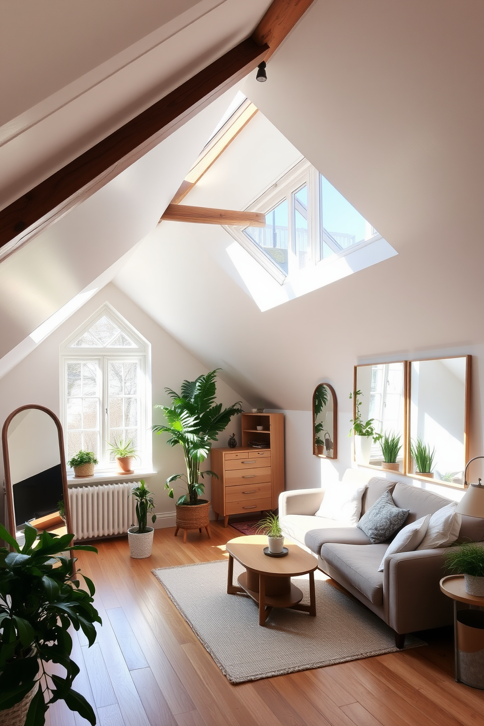 A cozy attic apartment filled with natural light. The space features sloped ceilings adorned with exposed wooden beams and large windows that invite sunlight. Mirrors are strategically placed to reflect light and create an illusion of spaciousness. A minimalist design approach showcases a neutral color palette with pops of greenery from indoor plants.