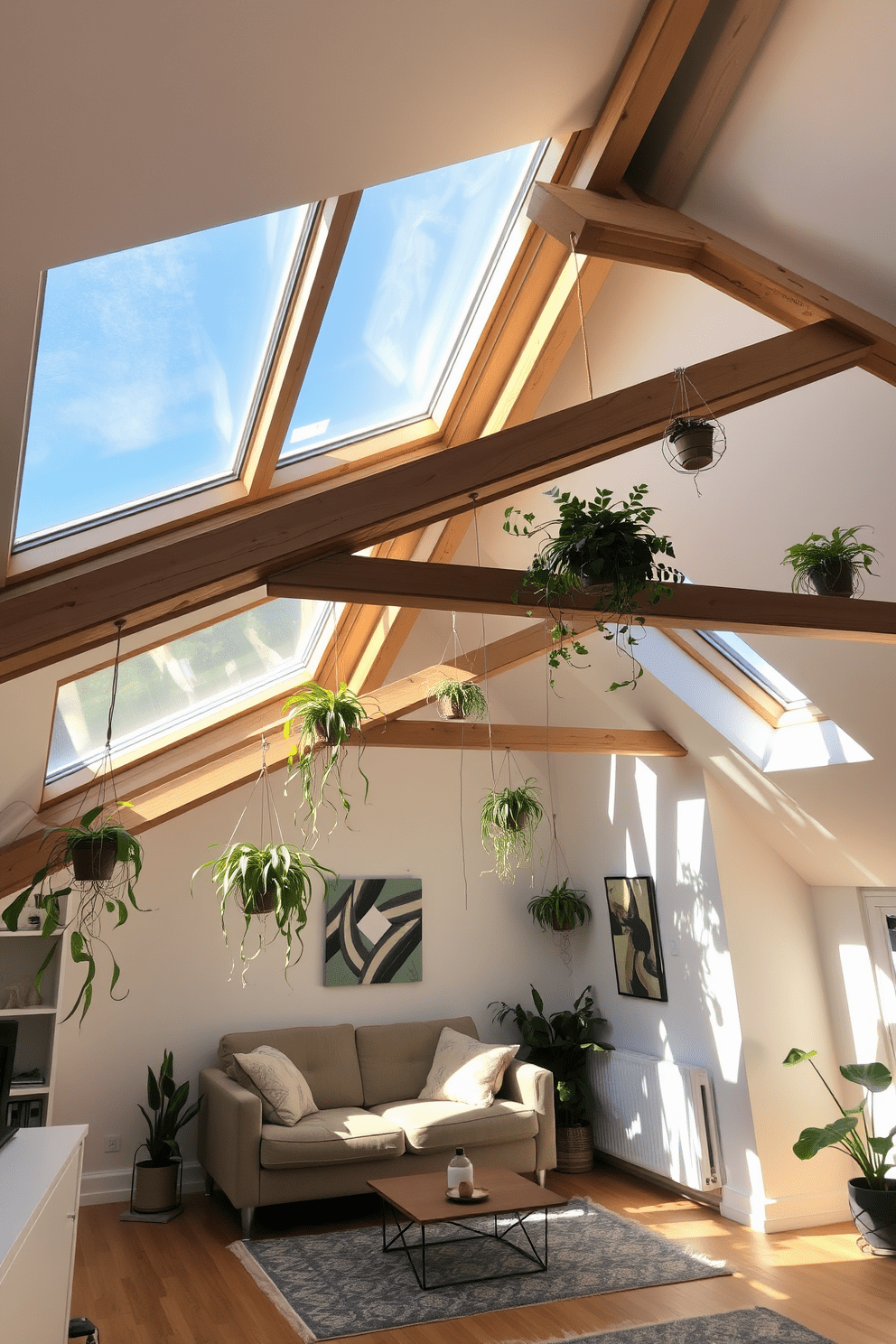 A cozy attic apartment filled with natural light. The space features exposed wooden beams and large skylights that open up the room. Hanging plants are scattered throughout, adding a fresh vibe and a touch of greenery. A small seating area with a plush sofa and a coffee table creates an inviting nook.