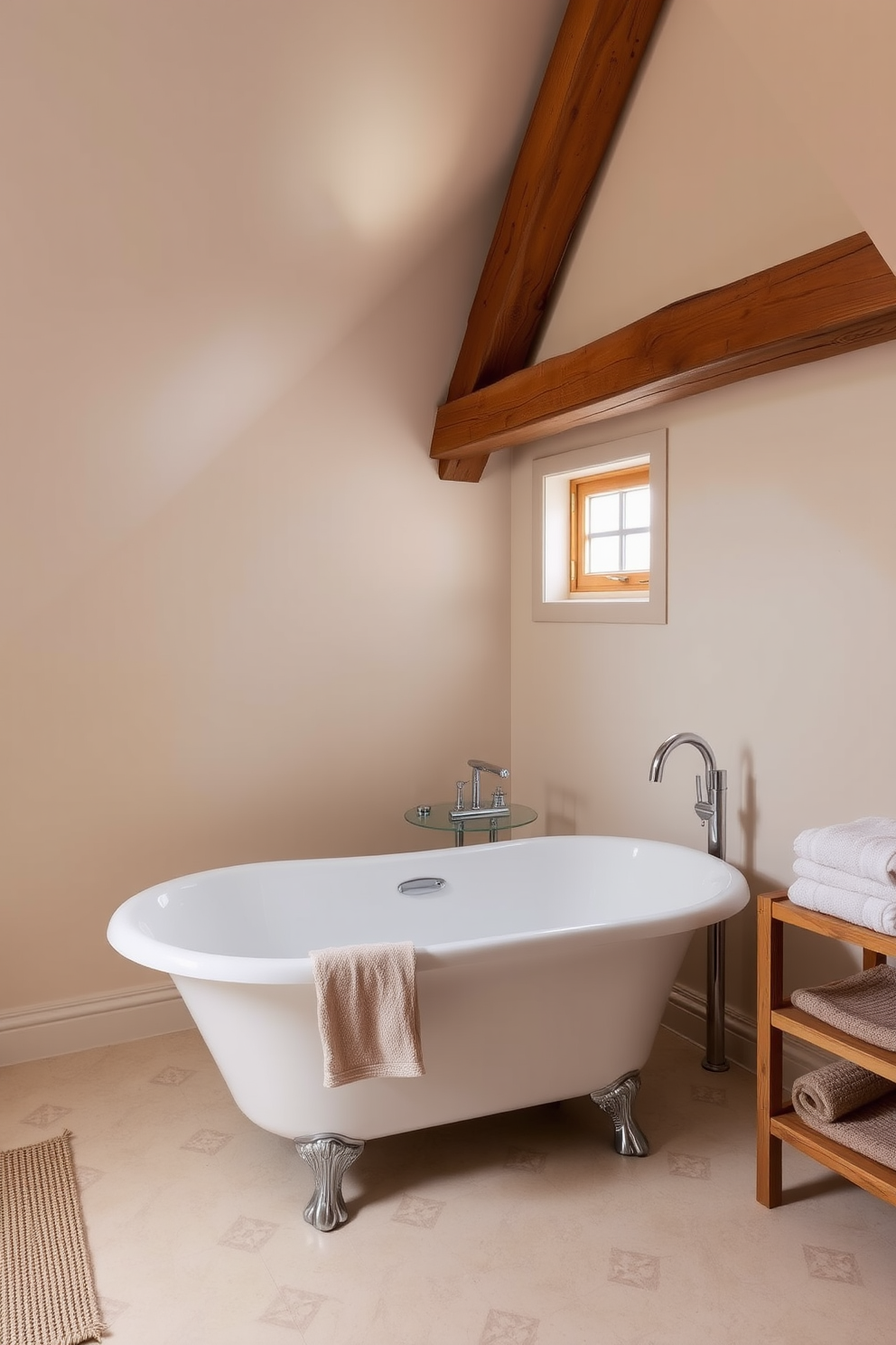 A cozy freestanding bathtub sits elegantly beneath a sloped ceiling, creating a serene atmosphere. Soft natural light filters through a small window, highlighting the warm wood accents and inviting textures in the space. The walls are adorned with soft, neutral tones, complementing the rustic charm of exposed beams. Plush towels are neatly arranged on a nearby wooden shelf, enhancing the comfort and functionality of this attic bathroom retreat.