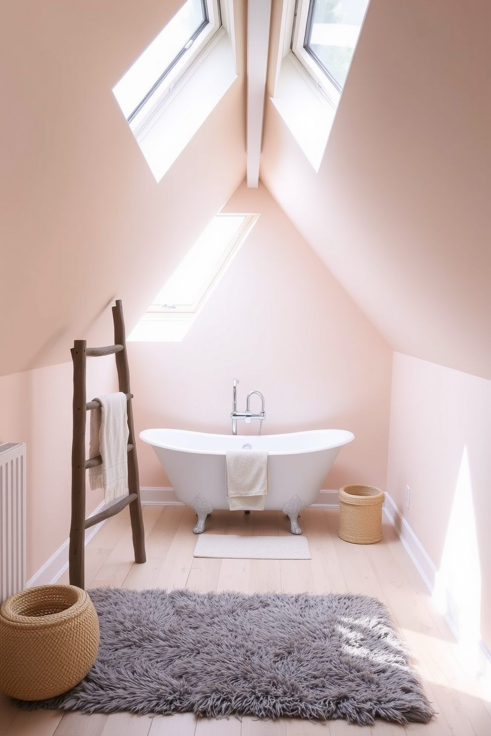 A serene attic bathroom retreat featuring sloped ceilings and skylights that allow natural light to flood the space. The walls are painted in soft pastel hues, creating a calming atmosphere complemented by a freestanding bathtub nestled under the eaves. A rustic wooden ladder serves as a towel rack, adding charm and functionality. The floor is adorned with light-colored wood planks, while a plush area rug provides warmth and comfort underfoot.