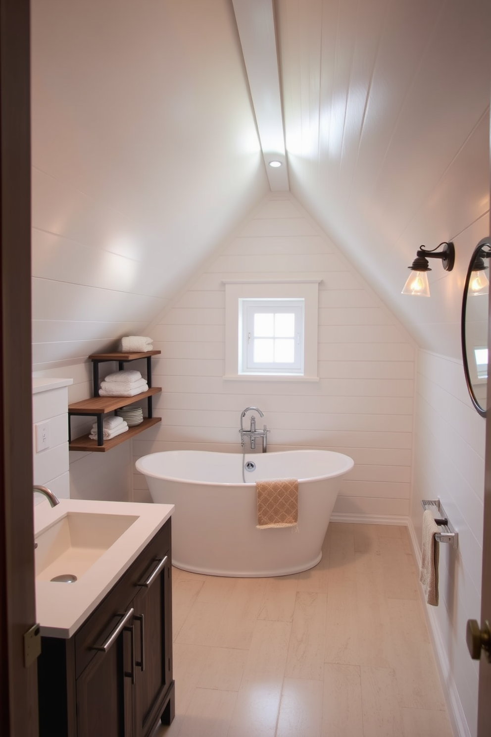 A cozy attic bathroom with sloped ceilings, featuring a freestanding soaking tub positioned beneath a charming small window that allows natural light to filter in. The walls are clad in soft white shiplap, and a rustic wooden shelf holds neatly folded towels and decorative items. Adjacent to the tub, a sleek vanity with a dark wood finish complements the light tones of the room. A round mirror with a black metal frame hangs above the vanity, reflecting the warm ambiance created by the carefully placed lighting fixtures.