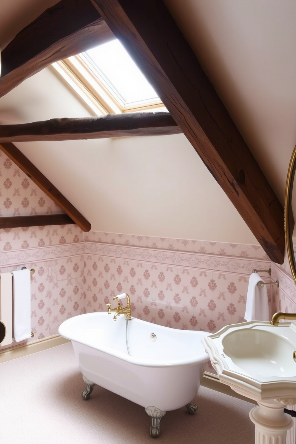 A charming attic bathroom featuring vintage fixtures that evoke a classic vibe. The space includes a clawfoot bathtub with a polished brass faucet and a pedestal sink with intricate detailing. The walls are adorned with soft pastel wallpaper, creating a warm and inviting atmosphere. Natural light floods the room through a skylight, illuminating the rustic wooden beams overhead.