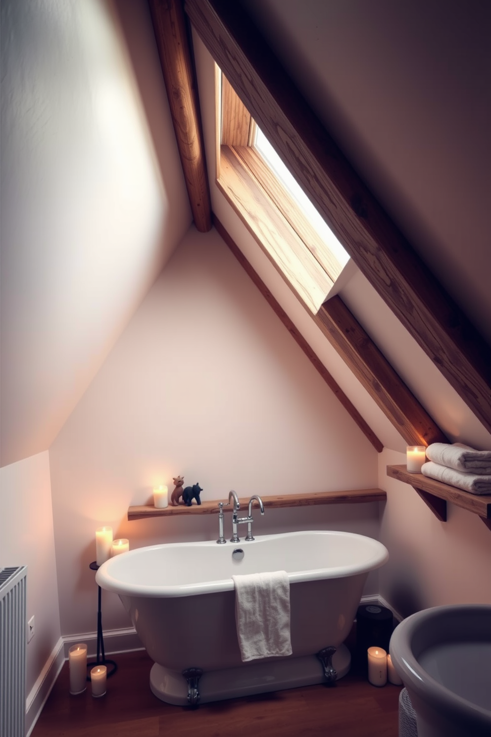 A cozy attic bathroom with sloped ceilings and exposed wooden beams. Soft accent lighting highlights the unique architectural features, creating an inviting atmosphere. The centerpiece is a freestanding bathtub positioned under a skylight, surrounded by candles for a relaxing ambiance. A rustic wooden shelf holds neatly folded towels and decorative items, enhancing the charm of the space.