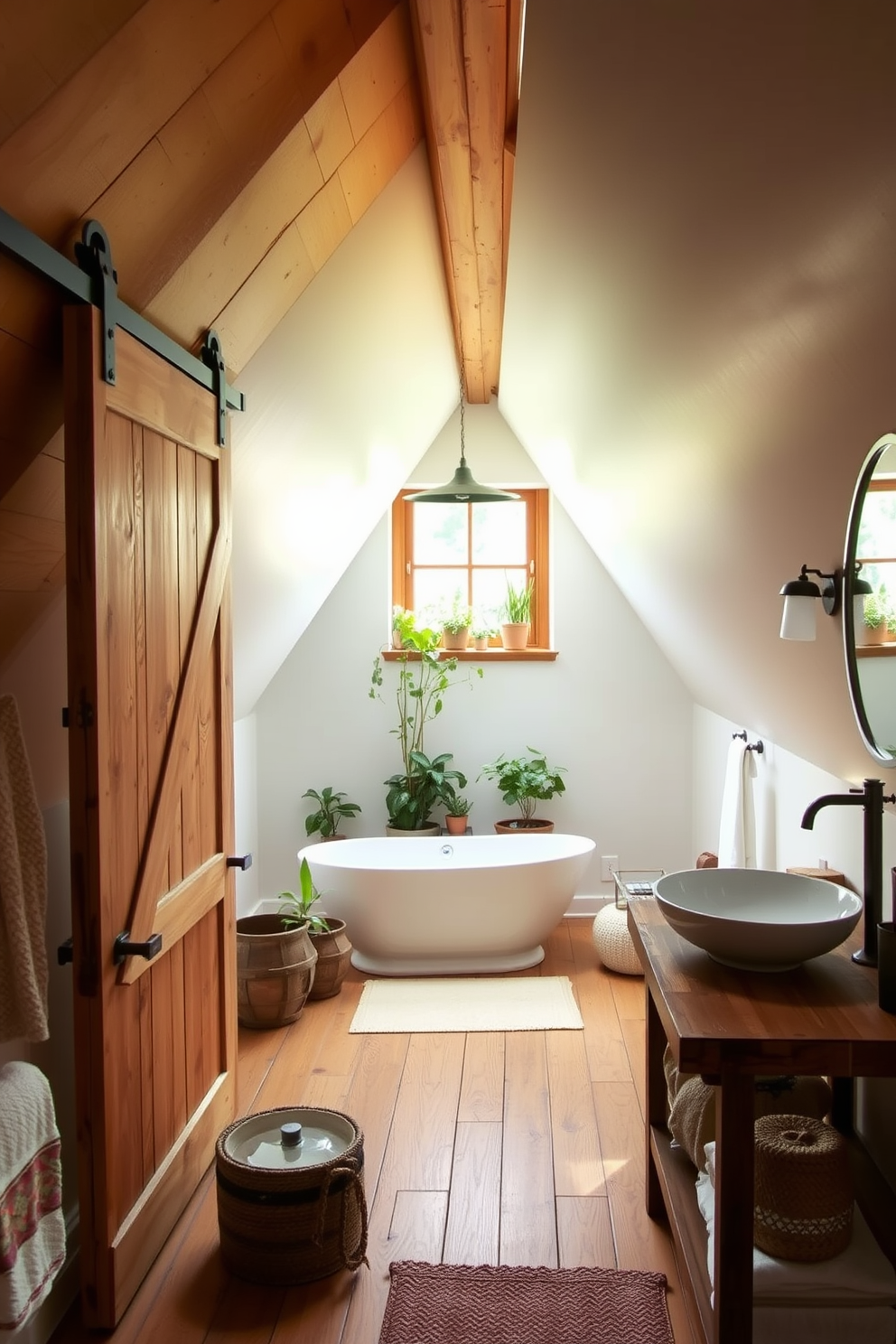 A cozy attic bathroom features a sliding barn door that seamlessly integrates into the rustic decor. The space is illuminated by natural light streaming through a skylight, highlighting the warm wooden beams and soft white walls. Inside, a freestanding soaking tub sits beneath the window, surrounded by potted plants for a serene atmosphere. A reclaimed wood vanity with a vessel sink complements the overall design, creating a charming and functional retreat.