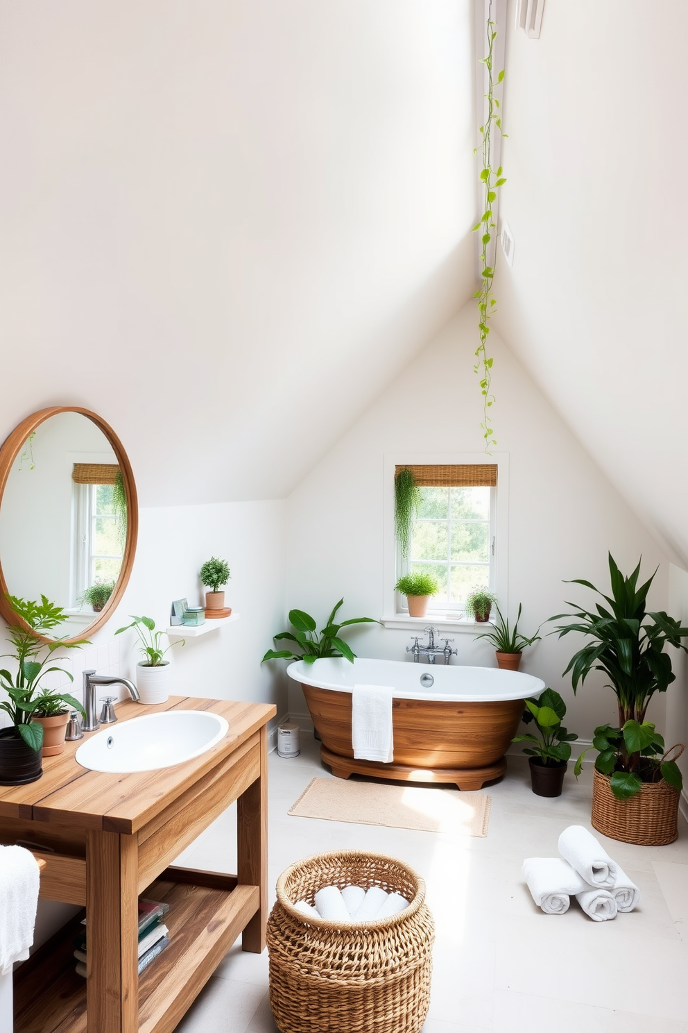 A cozy attic bathroom with sloped ceilings and skylights that allow natural light to flood the space. The walls are painted in a soft white, creating an airy feel, while a wooden freestanding bathtub sits under the skylight, surrounded by potted greenery for a touch of freshness. The vanity features a reclaimed wood design with a rustic sink and a large round mirror above it. Lush plants are placed on the windowsill and in the corners, enhancing the serene atmosphere while a woven basket holds neatly rolled towels.