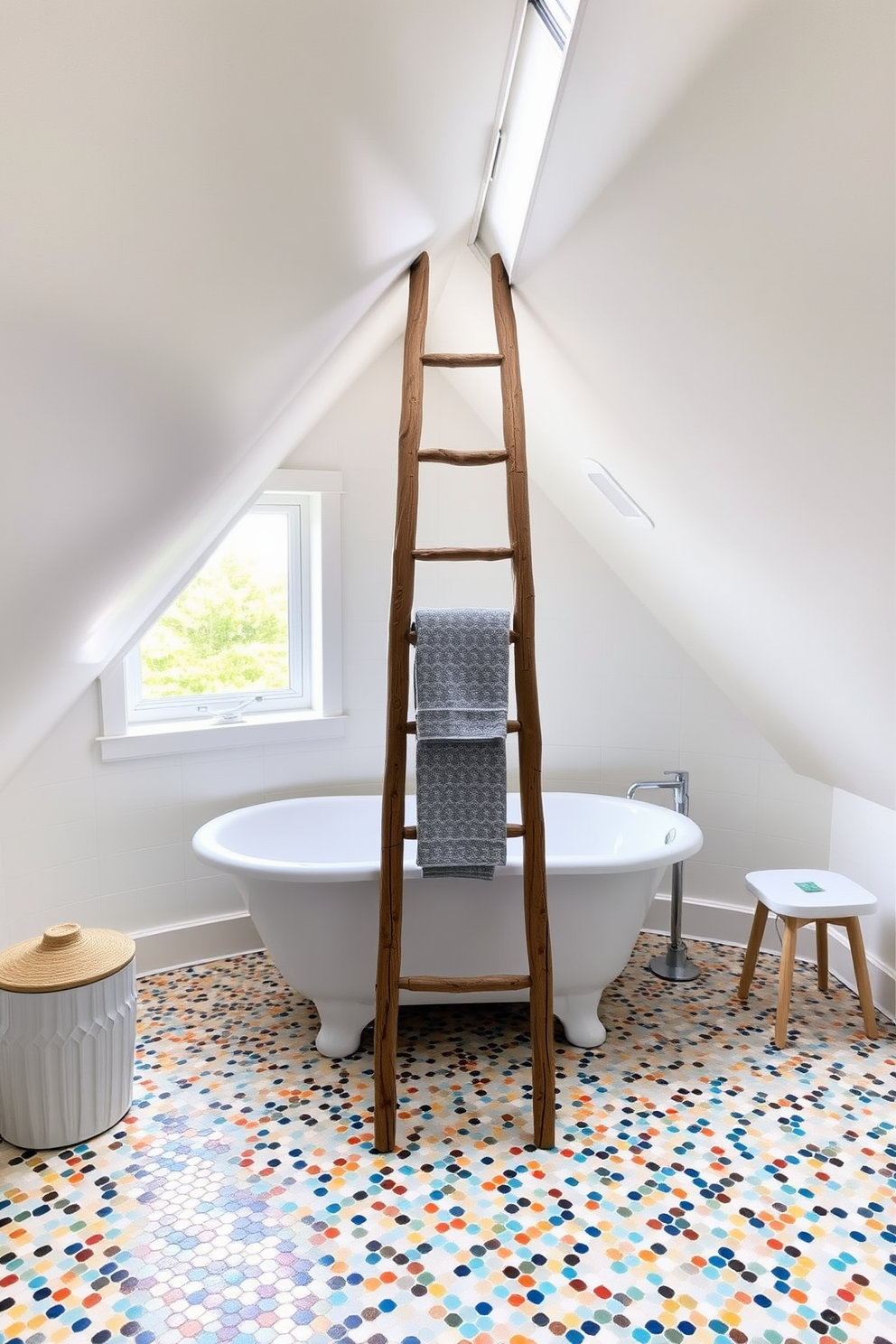 A charming attic bathroom with unique mosaic tile flooring that adds color and texture to the space. The sloped ceiling is painted in a soft white, creating a bright and airy atmosphere while maximizing the natural light from a skylight. In the center, a freestanding soaking tub is positioned beneath the window, offering a relaxing view of the outdoors. A rustic wooden ladder serves as a towel rack, adding character and functionality to the design.