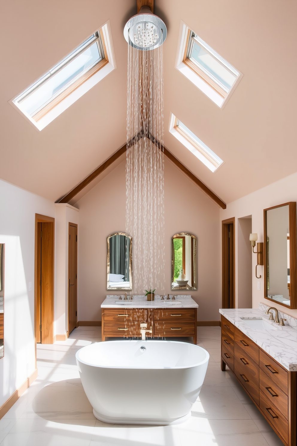 A luxurious attic bathroom features a spacious layout with sloped ceilings and natural light pouring in through skylights. The centerpiece is a stunning rain showerhead installed above a freestanding soaking tub, creating a spa-like atmosphere. The walls are adorned with soft, neutral tones, complemented by elegant wooden accents. A sleek double vanity with marble countertops sits opposite the tub, flanked by decorative mirrors that enhance the sense of space.