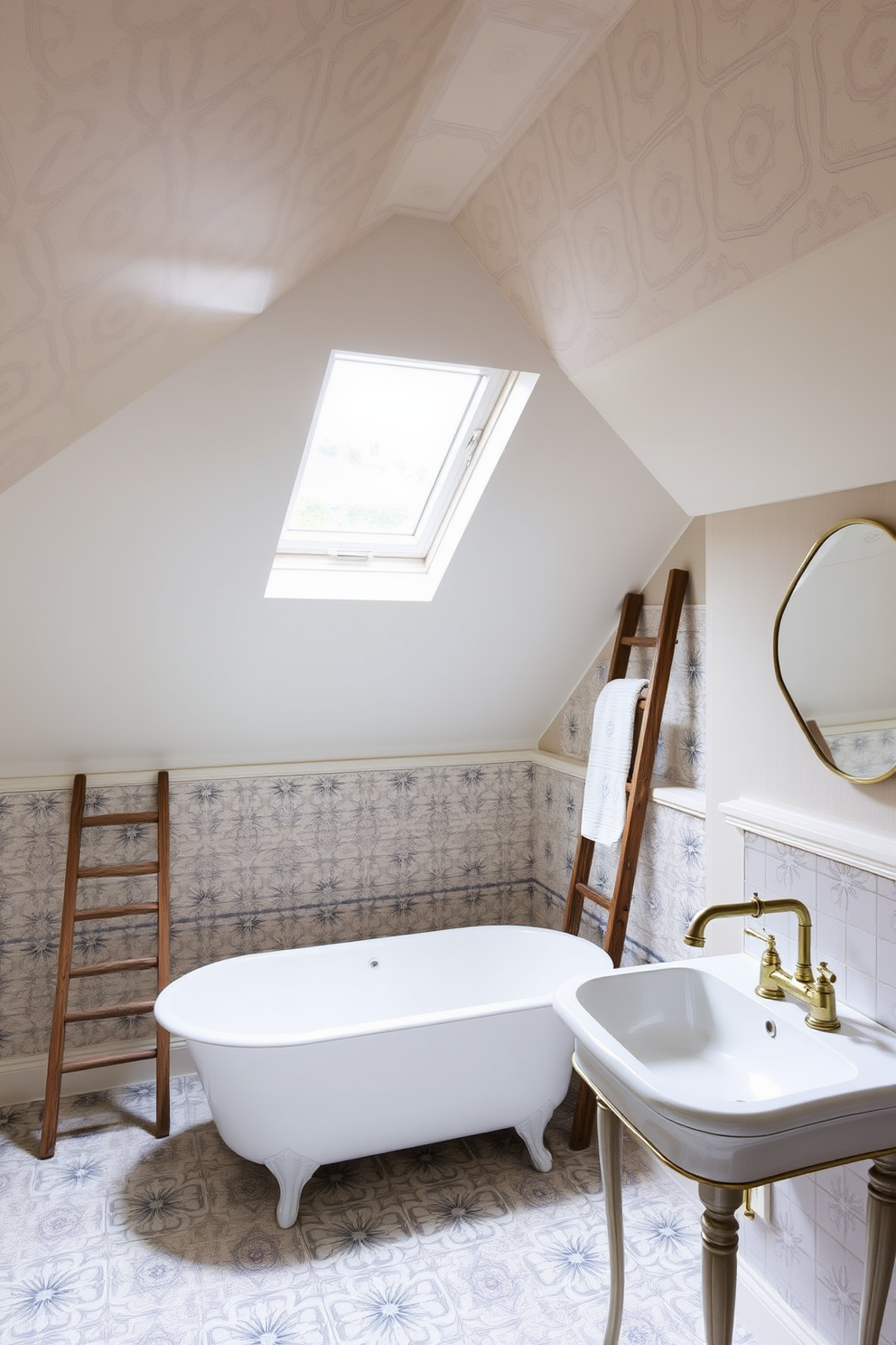 A charming attic bathroom with sloped ceilings adorned with patterned tiles that add visual interest to the space. The room features a freestanding soaking tub positioned under a skylight, allowing natural light to flood in and enhance the serene atmosphere. A rustic wooden ladder serves as a towel rack, leaning against the wall next to a vintage-style sink with a brass faucet. Soft, neutral colors on the walls complement the intricate tile design, creating a cozy and inviting retreat.