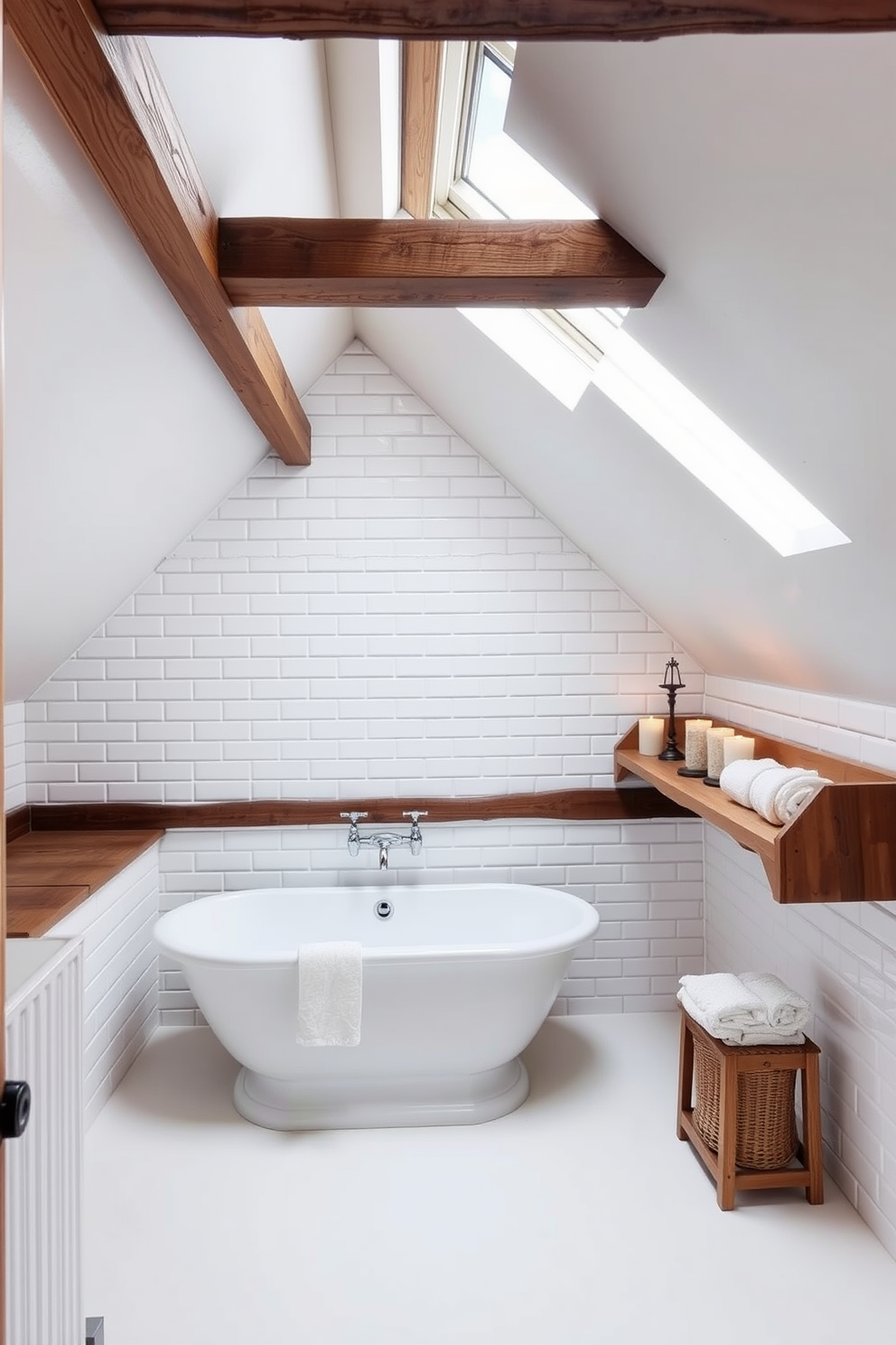 Bright white subway tiles create a clean and timeless look. The attic bathroom features sloped ceilings with exposed wooden beams, adding character and warmth. A freestanding bathtub sits beneath a skylight, allowing natural light to flood the space. A rustic wooden shelf holds neatly rolled towels and decorative candles, enhancing the cozy atmosphere.