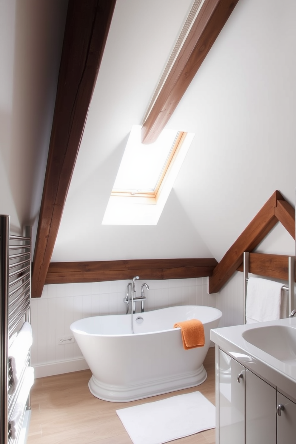 A cozy attic bathroom featuring sloped ceilings and exposed wooden beams. The design includes a heated towel rack for added comfort, elegantly integrated into the space. Natural light floods the room through a skylight, illuminating the soft white walls and rustic wood accents. A freestanding bathtub sits beneath the sloped ceiling, creating a serene and inviting atmosphere.