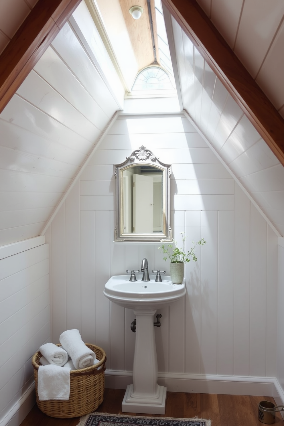 A classic attic bathroom design featuring a pedestal sink that exudes timeless elegance. The walls are adorned with soft white shiplap, and the ceiling showcases exposed wooden beams for a cozy, rustic feel. Natural light floods the space through a skylight, illuminating a vintage-style mirror above the sink. A woven basket sits beside the sink, filled with plush towels, while a delicate potted plant adds a touch of greenery to the serene atmosphere.