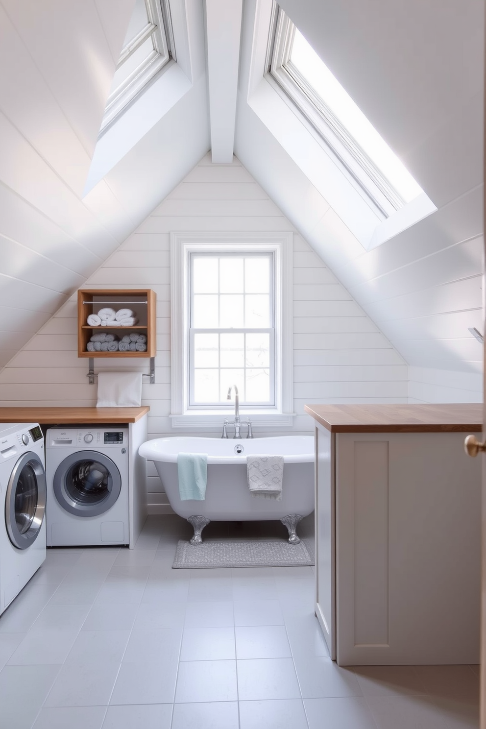 A charming attic bathroom design featuring sloped ceilings and skylights that allow natural light to flood the space. The focal point is a freestanding bathtub positioned beneath a large window, complemented by a rustic wooden shelf holding neatly folded towels. Adjacent to the bathtub, a compact laundry area is cleverly integrated with a stacked washer and dryer tucked into a built-in cabinet. The walls are adorned with soft white shiplap, while the floor showcases light gray tiles that enhance the cozy atmosphere.