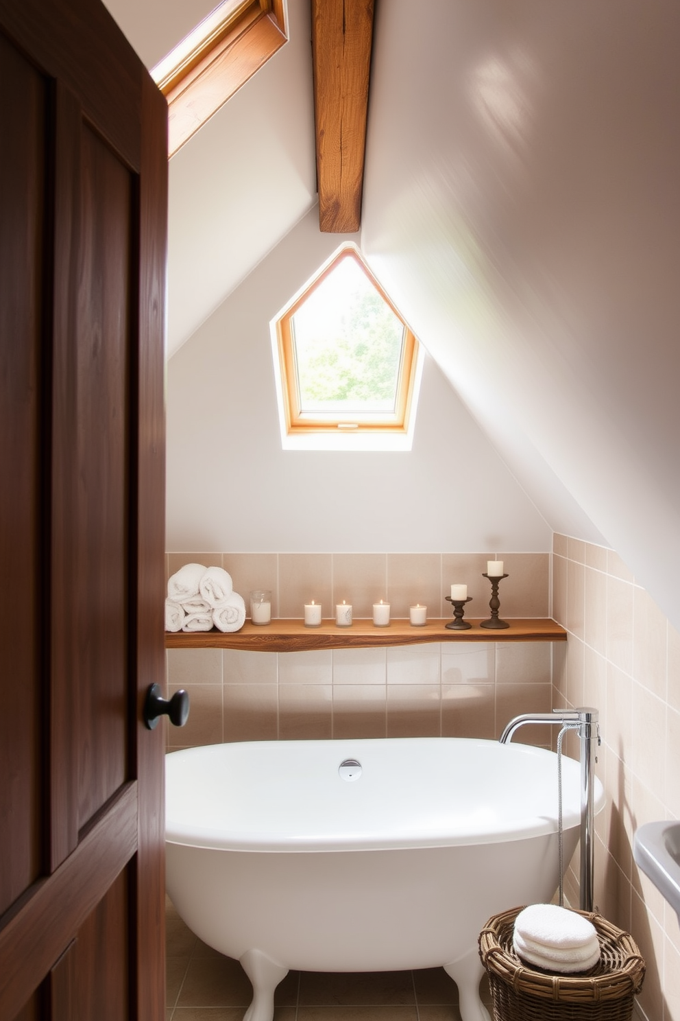 A cozy attic bathroom featuring a pocket door for enhanced privacy. The space is illuminated by natural light streaming through a skylight, highlighting the sloped ceilings and wooden beams. The design includes a freestanding bathtub positioned under the eaves, surrounded by soft, neutral-toned tiles. A rustic wooden shelf holds neatly rolled towels and decorative candles, creating a serene atmosphere.