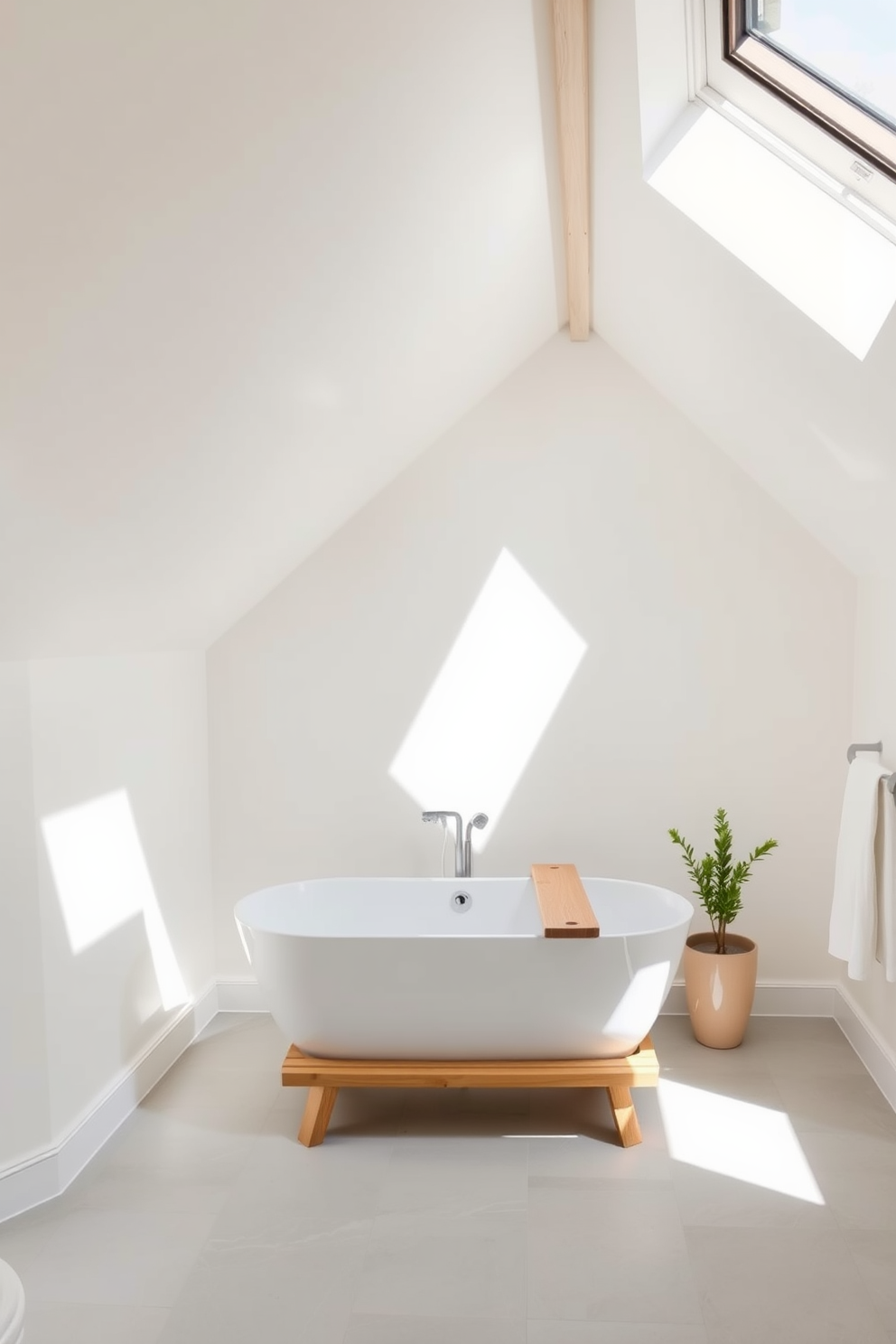 A serene attic bathroom featuring soft white walls and light wood accents. The sloped ceiling is adorned with skylights that flood the space with natural light, creating an airy atmosphere. A freestanding soaking tub is positioned under the skylight, complemented by a minimalist wooden bath tray. The floor is covered with light gray tiles, and a small potted plant adds a touch of greenery to the corner.