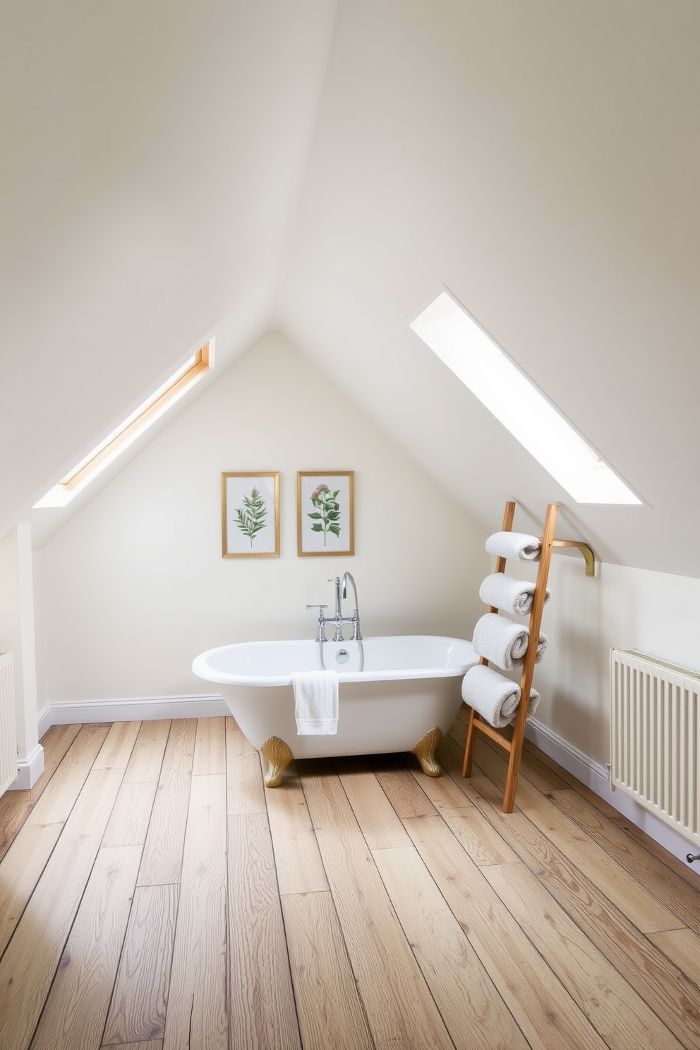 A serene attic bathroom designed with a sloped ceiling and skylights that allow natural light to flood the space. The walls are finished in a soft white, and the floor is adorned with rustic wooden planks. A freestanding bathtub sits in the corner, framed by botanical prints on the walls. Beside the tub, a decorative ladder leans against the wall, holding neatly rolled towels for a touch of warmth and charm.