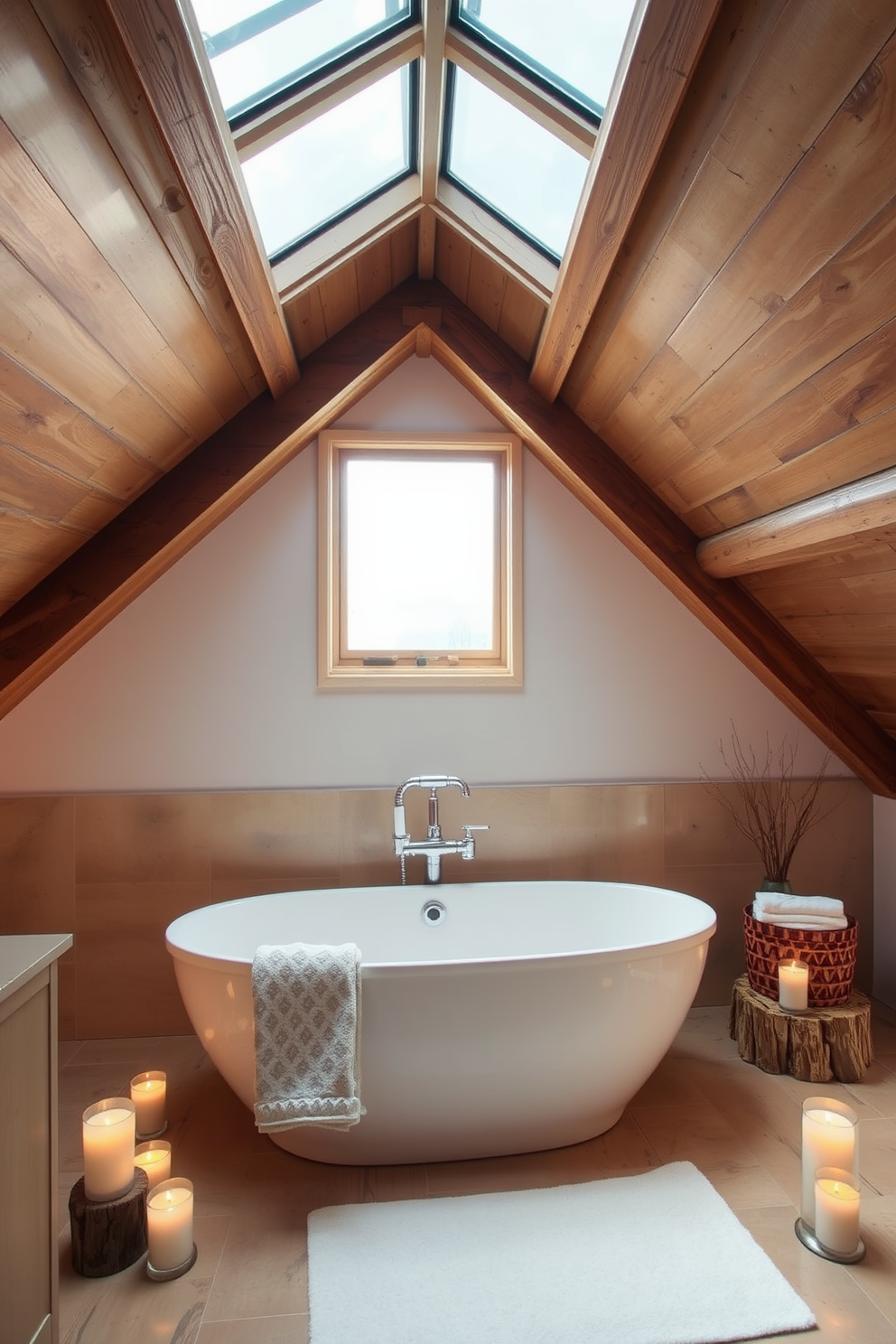 Create a serene attic bathroom design that evokes a spa-like atmosphere. Incorporate soft lighting with candles placed strategically around the room to enhance relaxation. Feature a freestanding bathtub nestled under a sloped ceiling with large skylights above for natural light. Use natural materials like wood and stone to create a warm and inviting space.