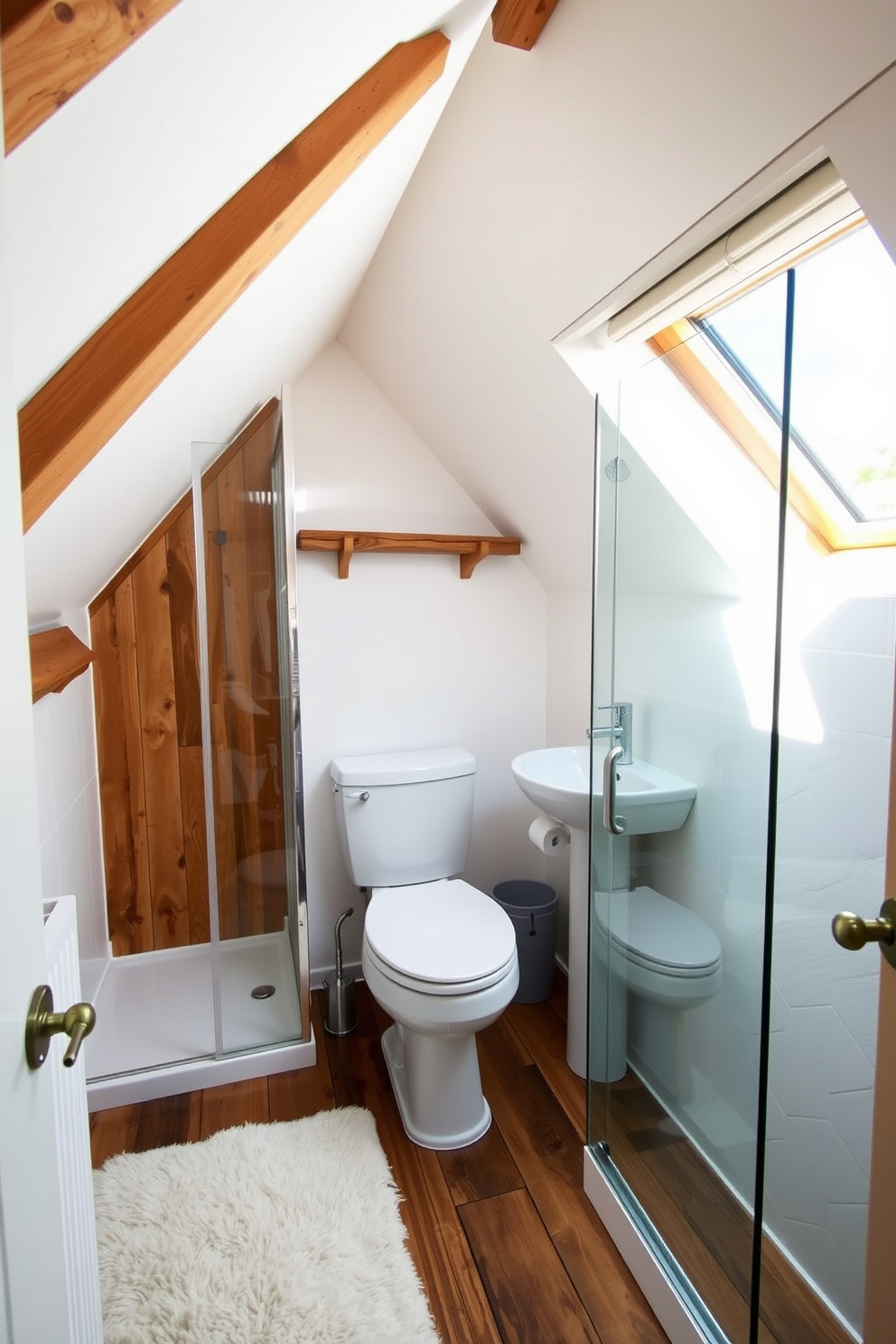 A cozy attic bathroom with sloped ceilings and natural light streaming through a skylight. The design features a compact toilet to maximize space, paired with a small pedestal sink and a frameless glass shower. Warm wood accents are used throughout, including exposed beams and a rustic wooden shelf. The walls are painted in a soft white, enhancing the airy feel, while a plush bath mat adds comfort underfoot.