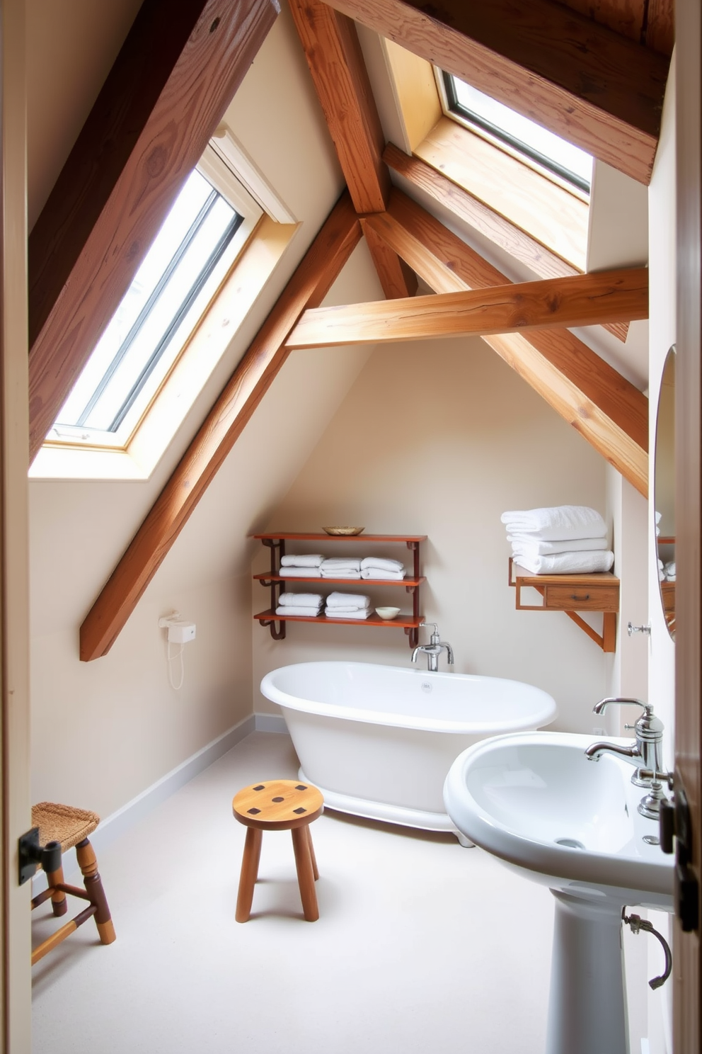 A cozy attic bathroom features sloped ceilings with exposed wooden beams that add character and warmth. A freestanding bathtub sits beneath a skylight, allowing natural light to flood the space, while a small wooden stool is positioned nearby for added utility. The walls are painted in a soft, neutral tone to enhance the sense of openness, complemented by rustic shelving displaying neatly folded towels. A charming pedestal sink with vintage-inspired fixtures completes the look, creating a serene and inviting atmosphere.