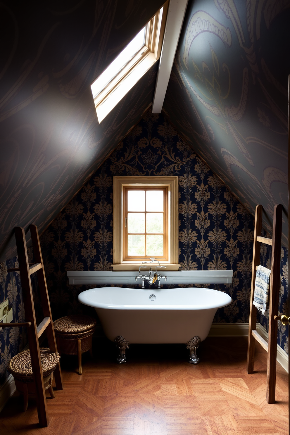 A stunning attic bathroom featuring bold wallpaper that creates a dramatic focal point. The space is illuminated by natural light streaming through a skylight, highlighting the unique architectural angles of the ceiling. Incorporate a freestanding bathtub positioned beneath the window for a luxurious touch. Complement the design with vintage fixtures and a rustic wooden ladder for added charm.