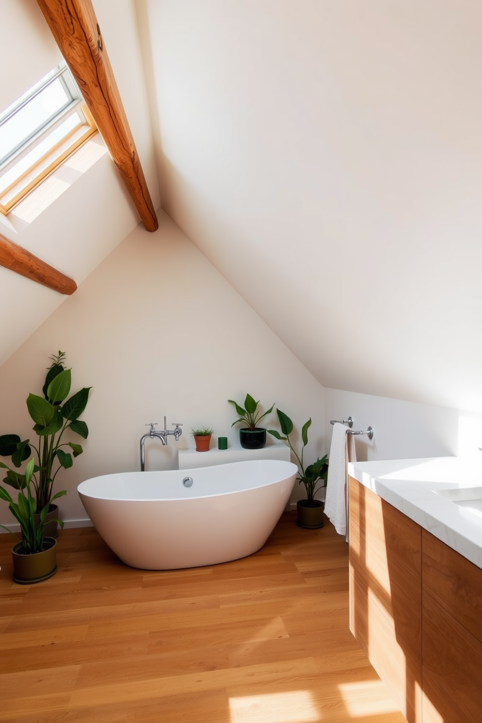 A serene attic bathroom featuring sloped ceilings and skylights that allow natural light to flood the space. The walls are painted in a soft white, complemented by rustic wooden beams and a warm wooden floor. The centerpiece is a freestanding bathtub positioned under the skylight, surrounded by potted plants for a touch of nature. Wall-mounted faucets add an elegant touch above a minimalist wooden vanity with a sleek marble countertop.