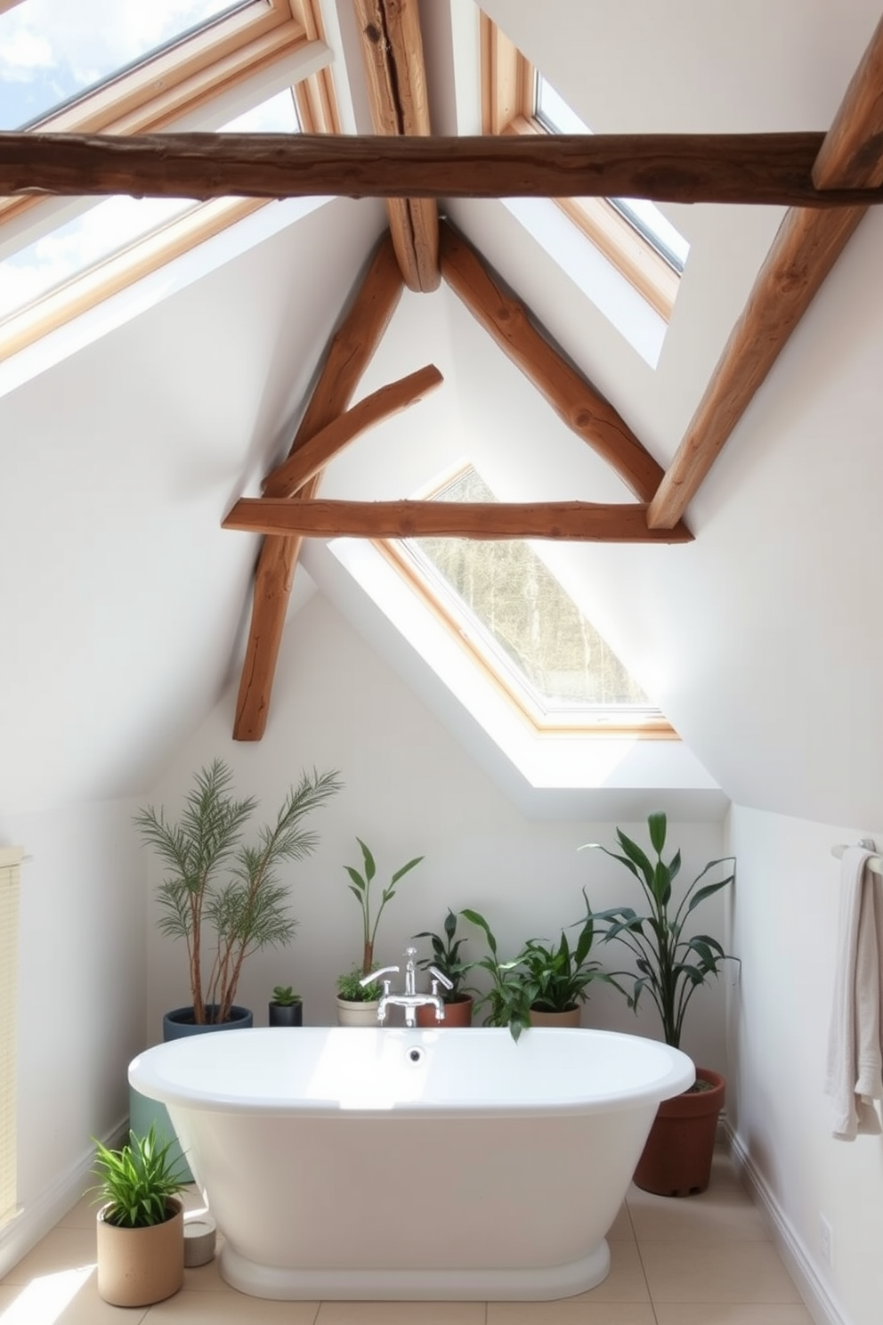 A serene attic bathroom with skylights that flood the space with natural light. The walls are painted in a soft white, creating a bright and airy atmosphere. A freestanding soaking tub is positioned under the skylights, surrounded by potted plants for a touch of greenery. Rustic wooden beams add character to the ceiling, enhancing the charm of the attic space.