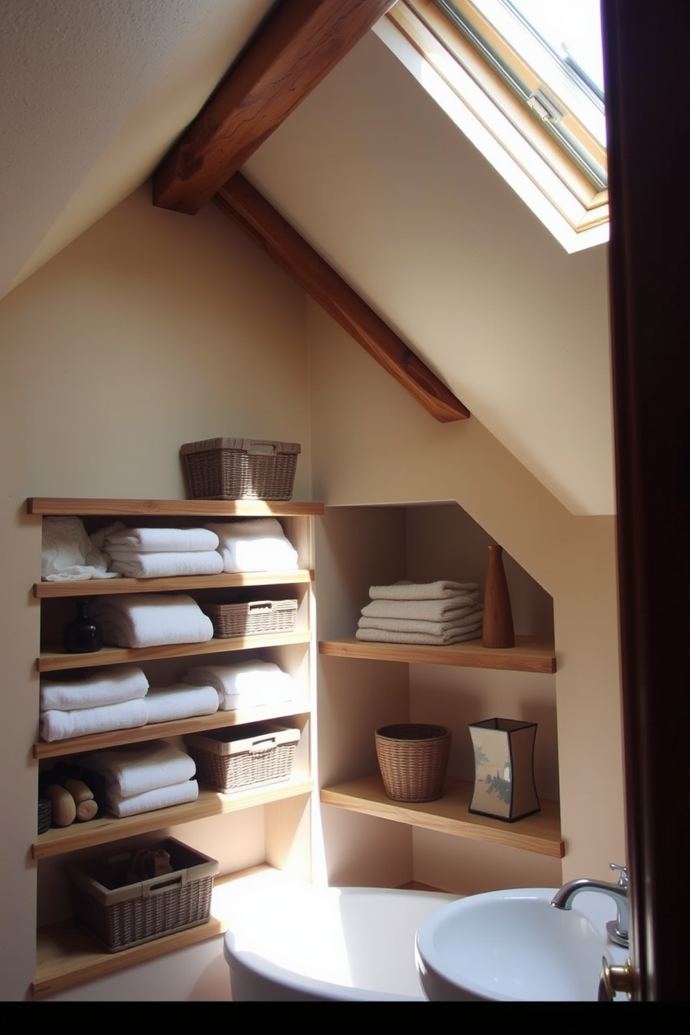 A cozy attic bathroom featuring built-in shelves for efficient storage. The shelves are crafted from reclaimed wood and are filled with neatly arranged towels and decorative baskets. Natural light pours in through a skylight, illuminating the space with a warm glow. The walls are painted in a soft beige, complemented by a rustic wooden beam that adds character to the design.