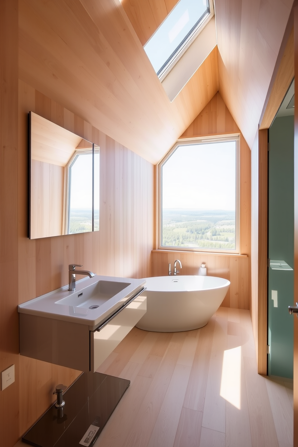 A sleek floating vanity is positioned against the wall, featuring a minimalist design with clean lines and a glossy finish. Above the vanity, a large frameless mirror reflects the natural light coming from the skylight, enhancing the spacious feel of the attic bathroom. The walls are adorned with light-colored wood paneling, complementing the warm tones of the floating vanity. A freestanding bathtub is placed near the window, offering a serene view of the surrounding landscape.