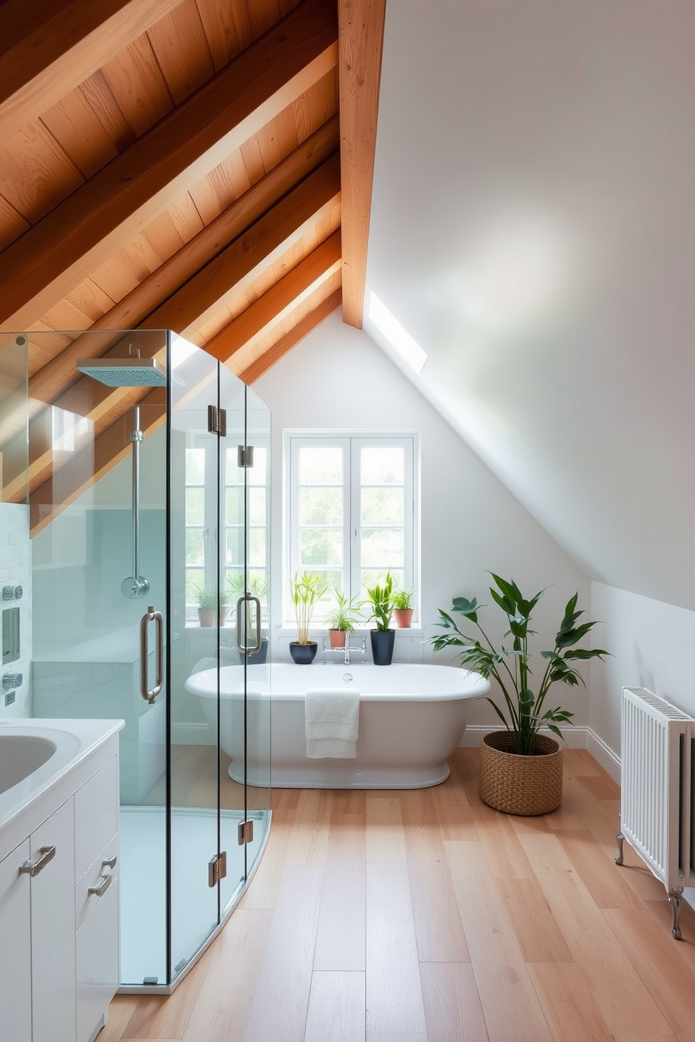 A bright attic bathroom featuring a glass shower enclosure that creates a spacious and airy atmosphere. The sloped ceiling is adorned with wooden beams, and natural light floods in through a skylight above the shower. The walls are painted in a soft white, complementing the light wood flooring. A freestanding soaking tub sits beneath a window, surrounded by potted plants for a touch of greenery.